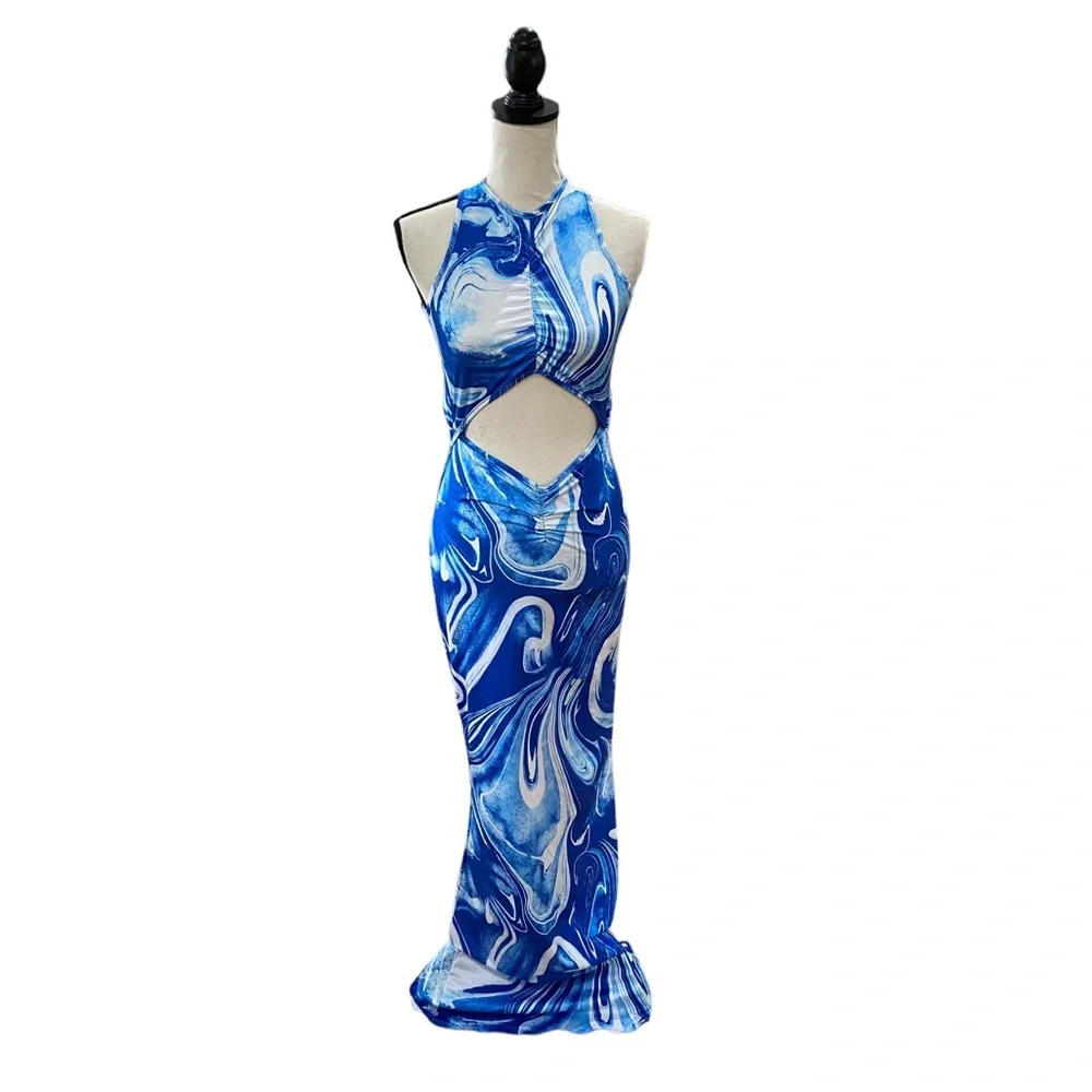Peek-A-Boo Cut Out Print Cross Back Maxi Dress - Picture 2 of 3